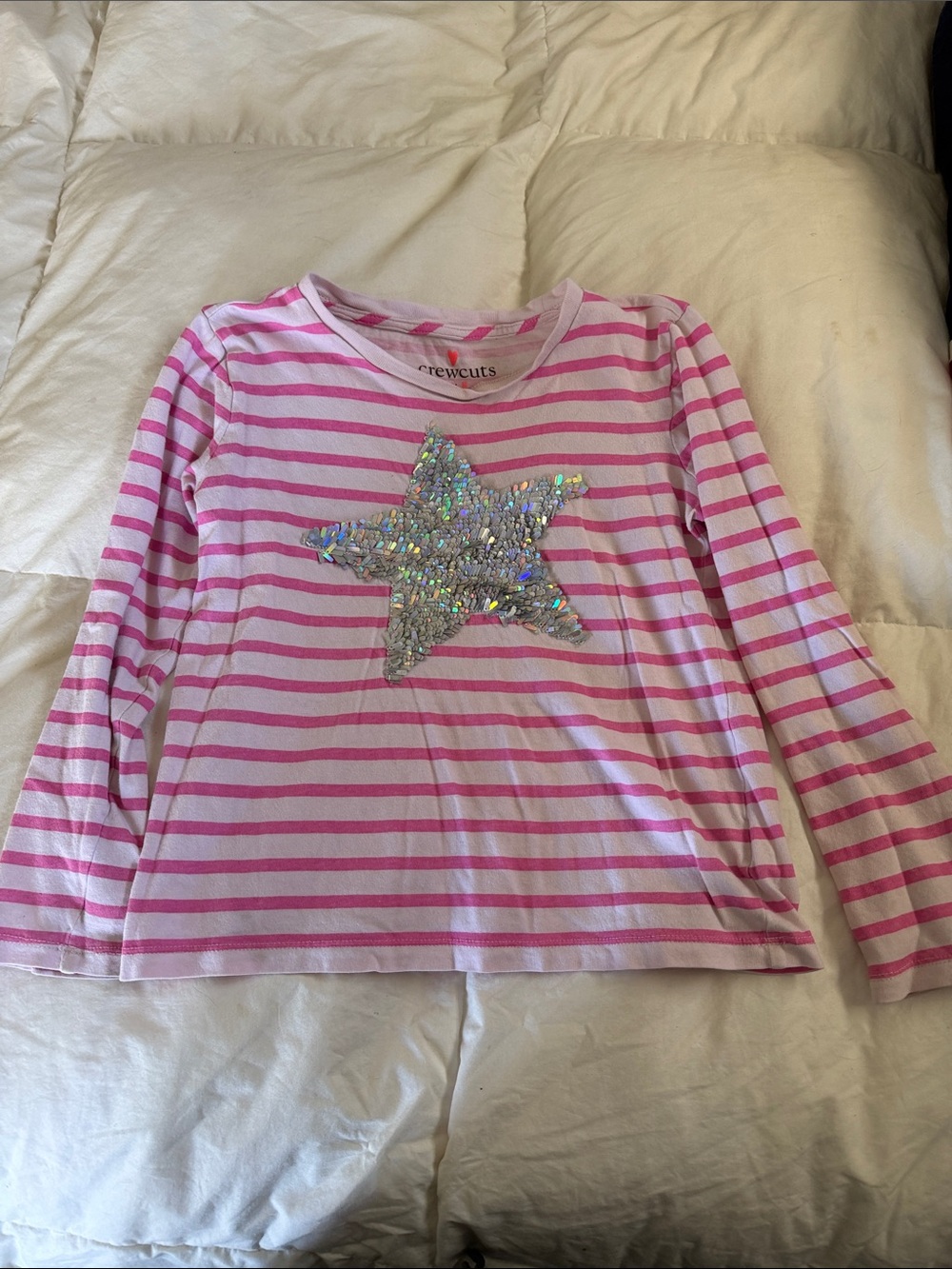 Crewcuts Pink Striped Long-Sleeve Star Sequin Tee